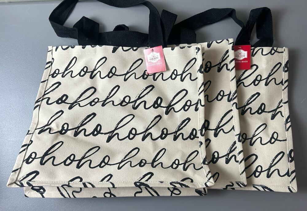 Neutral HoHoHo Christmas Cursvive Script Reusable Canvas Tote Bag x 3 Large